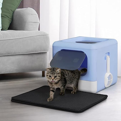 Foldable Cat Litter Box w/Lid, Scoop &amp; Mat, Drawer Design Cat Toilet for Kitten, Two-Way Entry Kitty Litter Box, Odor Control &amp; Easy to Clean, Blue
