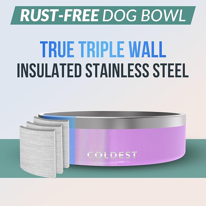Coldest Dog Bowl - Anti Rust Metal, Non Slip, 3 Layers Insulated Stainless Steel Dog Bowls - Spill Proof &amp; Heavy Duty - Water Bowl for Dogs, Cats, Dish Washer Safe (42 oz, Saturns Purple Glitter)