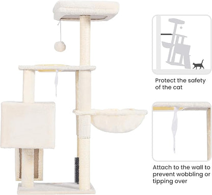Heybly Cat Tree with Cat Self Groomer Brush, Cat Tower Condo for Indoor Cats with Padded Plush Perch, Cat House with Basket Scratching Board Post, Beige HCT005SM