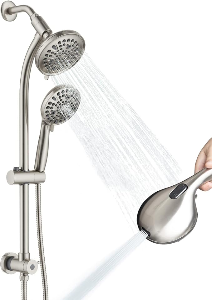 High Pressure Handheld/Rain 82-mode 3-way Shower Head Combo with 25.75" Adjustable Drill-free Stainless Steel Slide Bar, Pet &amp; Tub Power Wash and Anti-clog Nozzles, with 5ft Hose - Brush Nickel