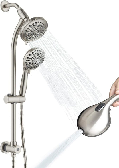High Pressure Handheld/Rain 82-mode 3-way Shower Head Combo with 25.75" Adjustable Drill-free Stainless Steel Slide Bar, Pet &amp; Tub Power Wash and Anti-clog Nozzles, with 5ft Hose - Brush Nickel