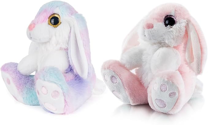 My OLi Bunny Stuffed Animal Pack of 2 Plush Rabbit 7in Stuffed Bunny with Floppy Ear Bedtime Friend Soft Toy Gifts for Girls Boys Kids, Pink &amp; Rainbow