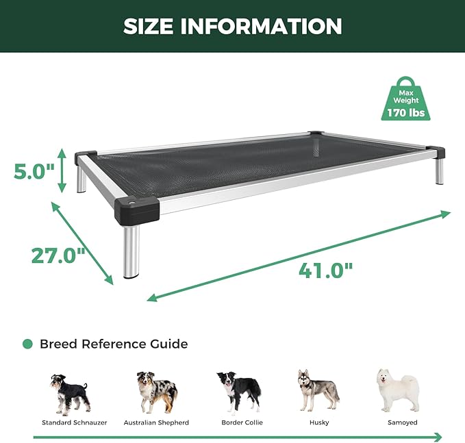FXW TitanNest Chew-Proof Elevated Dog Bed, Raised Cot for Indoor/Outdoor/Camping Use, Durable &amp; Waterproof Cooling Pet Bed for Medium Dogs, 41.0" L x 27.0" W x 5.0" H, Black