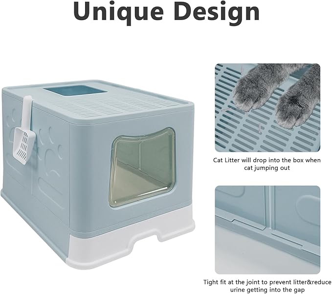 XL Foldable Cat Litter Box with Lid - Jumbo Enclosed Potty - Top Entry Anti-Splashing Toilet - Includes Scoop &amp; 2-in-1 Cleaning Brush (Blue