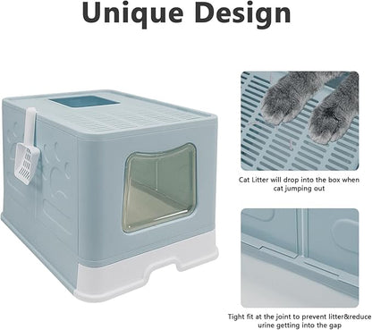 XL Foldable Cat Litter Box with Lid - Jumbo Enclosed Potty - Top Entry Anti-Splashing Toilet - Includes Scoop &amp; 2-in-1 Cleaning Brush (Blue