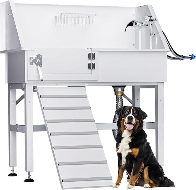 Dog Washing Station for Home, 38" White Professional Stainless Steel Dog Grooming Tub, Height Adjustable Dog Bathing Station, Upgrade Parts, Dog Bath Tubs for Small &amp; Medium Dogs(Left Ramp)