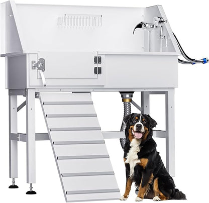 Dog Washing Station for Home, 38" White Professional Stainless Steel Dog Grooming Tub, Height Adjustable Dog Bathing Station, Upgrade Parts, Dog Bath Tubs for Small &amp; Medium Dogs(Left Ramp)