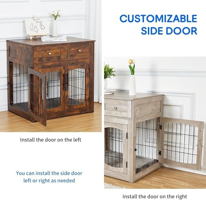 Dog Crate Furniture for Medium Dogs, Wooden Dog Kennel Indoor with Double Doors, Dog Cage with Cushion &amp; Drawers, Dog House Side End Table for Small Medium Dogs up to 45 lb, 31.5” L, Grey