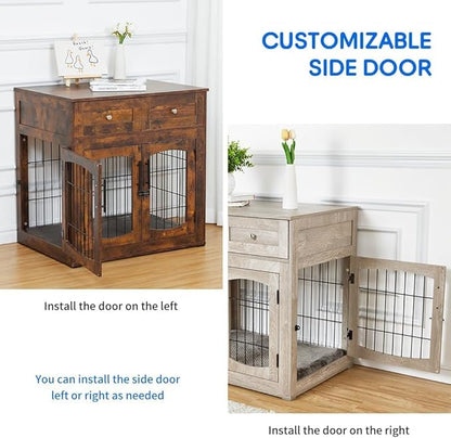 Dog Crate Furniture for Medium Dogs, Wooden Dog Kennel Indoor with Double Doors, Dog Cage with Cushion &amp; Drawers, Dog House Side End Table for Small Medium Dogs up to 45 lb, 31.5” L, Grey