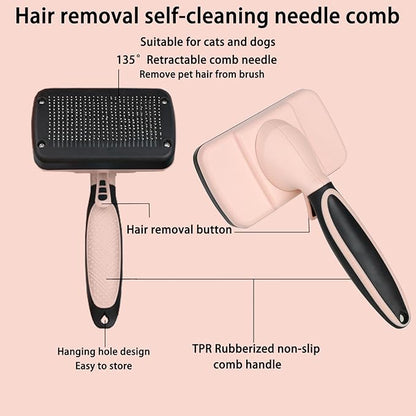 Skin-Friendly Grooming and Deshedding Brush for Dogs, Cats, and Puppies - Self-Cleaning, Easy to Use (Pink)