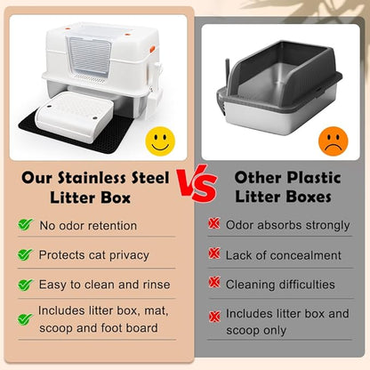 Vivifying Stainless Steel Litter Box with Lid, XL Side Entry Extra Large Litter Box for Big Cats &amp; Kitty, Removable Enclosed Metal Cat Pan with High Sided Enclosure, Scoop, Mat, Footboard (Beige)