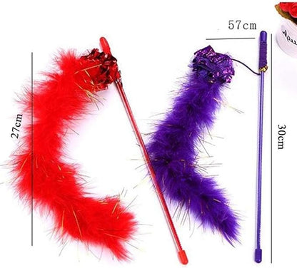 Purple Cat Teasing Stick Toy - Interactive Stick with Sparkly Feather Boa &amp; Crinkle Ball for Indoor Cat Training &amp; Fun