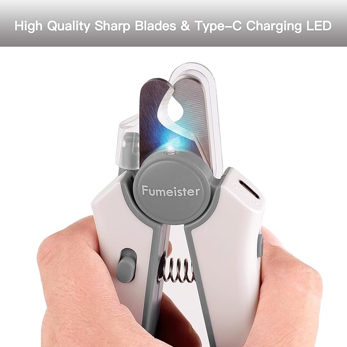 Type-C Rechargeable Dog &amp; Cat Nail Clippers - LED Pet Nail Trimmer with Built-in Nail File, Extra Sharp Blades for Small &amp; Medium Dogs, Indoor Cats (White-Gray)