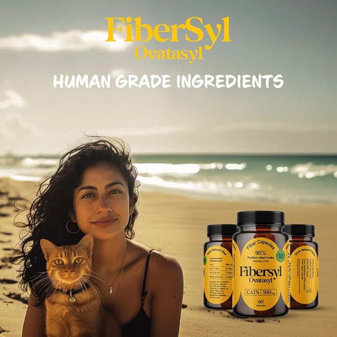 FiberSyl Ovatasyl Prebiotics for Cats Digestive Health - Cat Fiber Supplements for Constipation Relief &amp; Support - Psyllium Husk Seed to Support Digestion Problems - Cat Stool Hardener - 60 Capsules