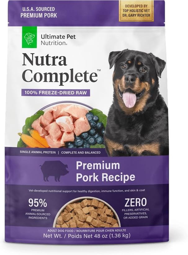 ULTIMATE PET NUTRITION Nutra Complete Freeze Dried Raw Dog Food, Veterinarian Formulated with Antioxidants, Prebiotics &amp; Amino Acids (3 Pound, Pork)
