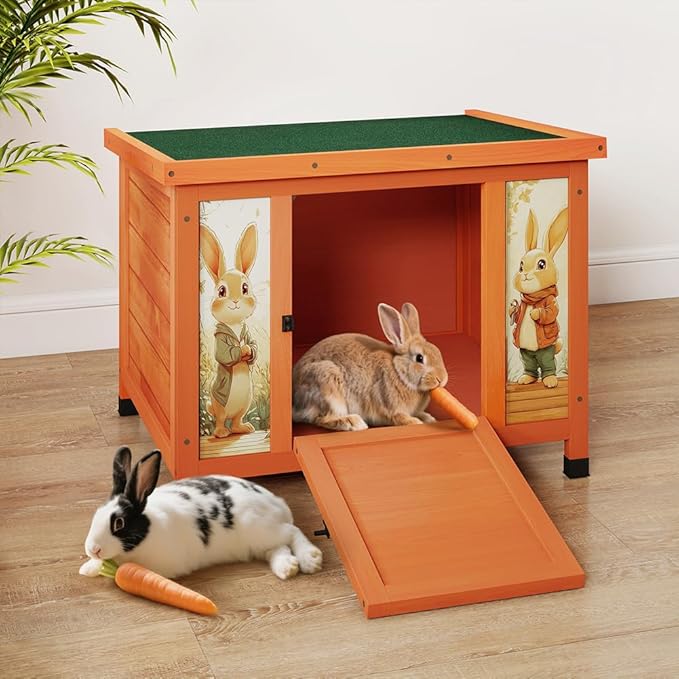 COZIWOW 24in Wooden Cat House Outdoor &amp; Indoor Pet Shelter with Foldable Ramp - Weatherproof Rabbit Hutch with Unique Machine-Printed Art Designs for Cat, Rabbit, Guinea Pig (Orange)