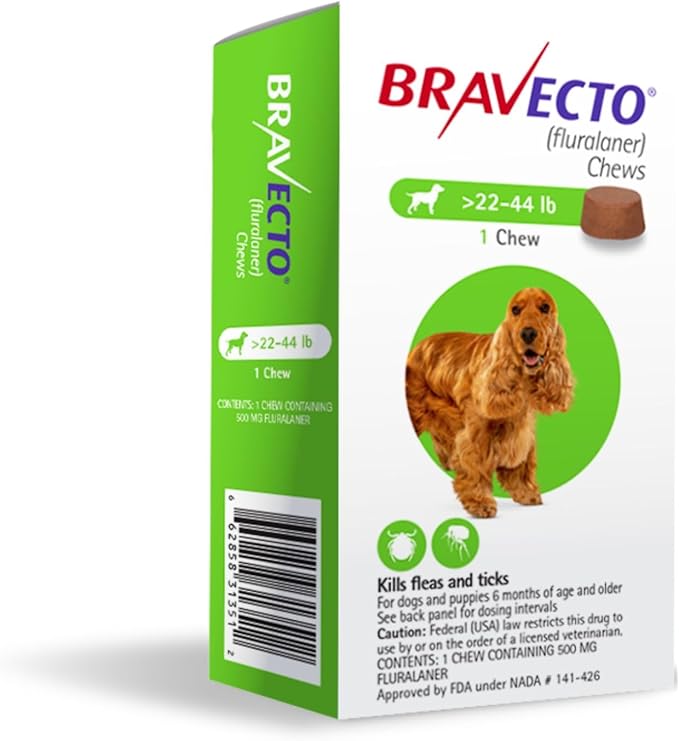BRAVECTO Chew for Dogs, Flea &amp; Tick, 1 Chew, 12 Week Supply, 22-44 lbs., Green Box