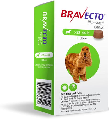 BRAVECTO Chew for Dogs, Flea &amp; Tick, 1 Chew, 12 Week Supply, 22-44 lbs., Green Box