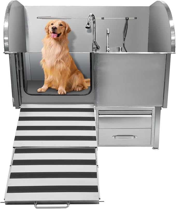 Professional Dog Grooming Tub, 50" Stainless Steel Dog Wash Station with Foldable Ramp, Storage Drawer, Floor Grate &amp; Faucet/Dog Bathtub for Large, Medium &amp; Small Pets - Left Door (50")