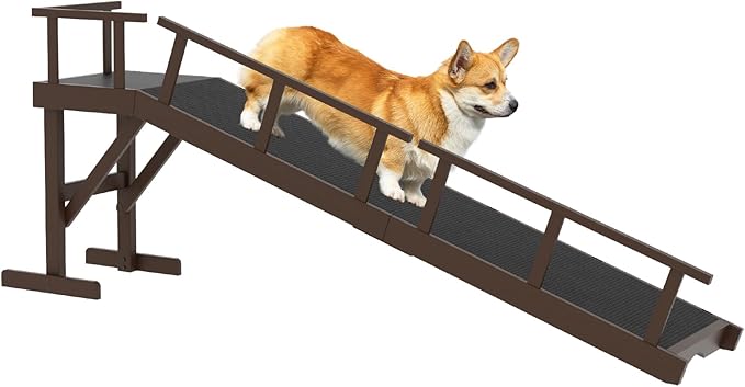 73" Dog Ramp for Bed, Pet Ramp with Removable Side Rail and Non-Slip Surface, Pet Ramp for Small &amp; Large &amp; Senior Dogs with Rest Platform and DIY Glow Strips,Dog Stairs for Couch, Brown