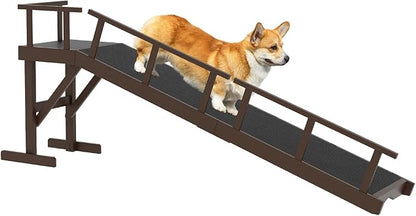 73" Dog Ramp for Bed, Pet Ramp with Removable Side Rail and Non-Slip Surface, Pet Ramp for Small &amp; Large &amp; Senior Dogs with Rest Platform and DIY Glow Strips,Dog Stairs for Couch, Brown