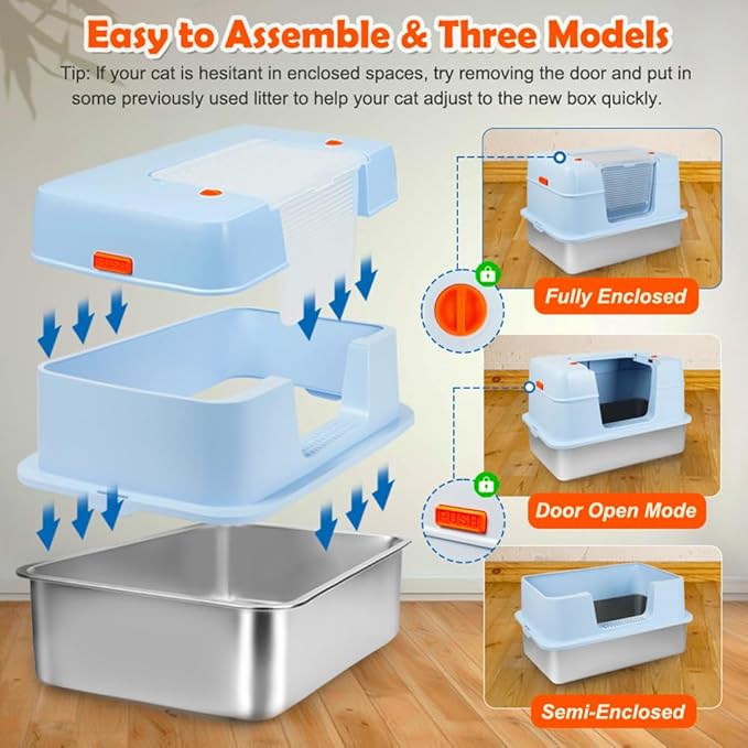 Vivifying Stainless Steel Litter Box with Lid, XL Side Entry Extra Large Litter Box for Big Cats &amp; Kitty, Removable Enclosed Metal Cat Pan with High Sided Enclosure, Scoop, Mat, Footboard (Blue)