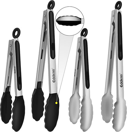 4 Pack Tongs For Cooking, Heat Resistant 600 Degrees 9",12" Stainless Steel Locking Metal Tong &amp; 9",12" Kitchen Tongs with Silicone Tips, Non-Slip Food Silicone Tong, Heavy Duty, Non-Stick