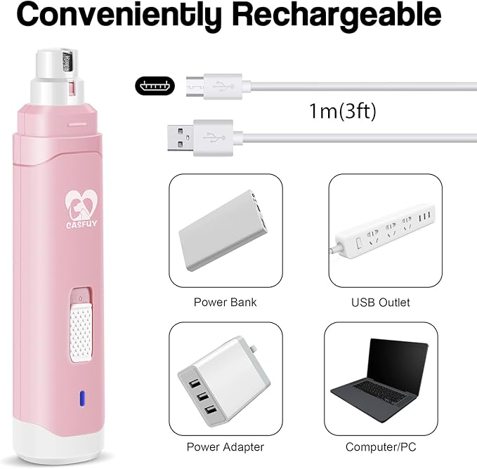 Casfuy Dog Nail Grinder Upgraded - Professional 2-Speed Electric Rechargeable Pet Nail Trimmer Painless Paws Grooming &amp; Smoothing for Small Medium Large Dogs &amp; Cats