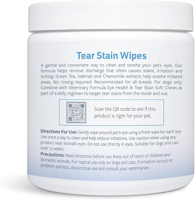 Veterinary Formula Smart Coat Complex Tear Stain Wipes for Dogs &amp; Cats, 100 ct – Gently Wipe Away Debris and Clean Stains Around The Eyes of Pets, Fragrance-Free and Pre-Saturated