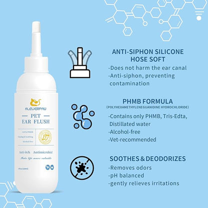 Tris Flush Cat &amp; Dog Ear Cleaner - Dog Ear Infection Treatment with PHMB, Removes Wax, Odo, Gentle &amp; Hypoallergenic, with 20 Cotton Qtips, 4 Fl oz