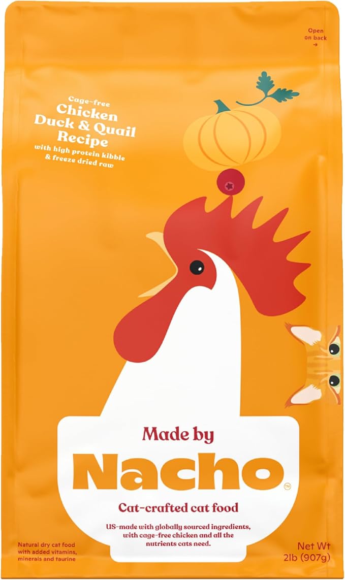 Made by Nacho Dry Cat Kibble 10lb Bag, High Protein Premium Cat Food with Freeze-Dried Pieces, Cage-Free Chicken, Duck &amp; Quail, Limited Ingredients, Single Bag