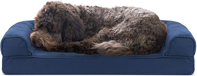 Furhaven Cooling Gel Dog Bed for Medium/Small Dogs w/ Removable Bolsters &amp; Washable Cover, For Dogs Up to 35 lbs - Quilted Sofa - Navy (Blue), Medium
