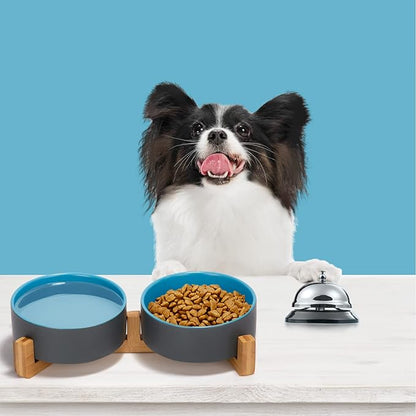 SPUNKYJUNKY Ceramic Dog and Cat Bowl Set with Wooden Stand, Modern Cute Weighted Food Water Set for Small Size Dogs (13.5OZ) &amp; Medium Sized Dogs (28.7OZ) &amp; Cats (1.7 Cups, 2 × Blue-Grey)