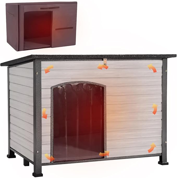 Aivituvin Dog House Outdoor with Insulated Liner, Weatherproof Dog House for Winter, Suitable for Small &amp; Medium &amp; Large Dogs with Unique All-Around Iron Frame(Off-White)