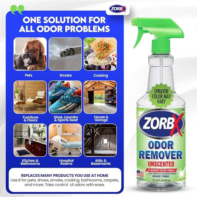 ZORBX Unscented Odor Remover Spray 32 oz - Perfect Solution for Strong Odor - Advanced Trusted Formula &amp; Fast-Acting Odor Eliminator for Dog, Cat, Puppy