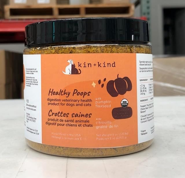 kin+kind Organic Fiber for Dogs&amp;Cats - Pumpkin Boost for Healthy Poops - Digestive Health - Flax Seed, Ginger, Turmeric and Coconut - Made in USA - 4 oz (Medium)