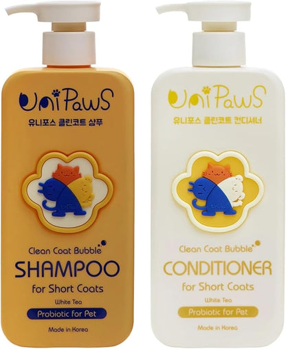 Unipaws Probiotics Dog Shampoo &amp; Conditioner Set for Short-Haired Coats – Itch Relief, Deodorizing &amp; Anti-Shedding for Skin Comfort &amp; Balance with Calendula – EWG Green, Made in Korea, 2×16.9 Fl Oz