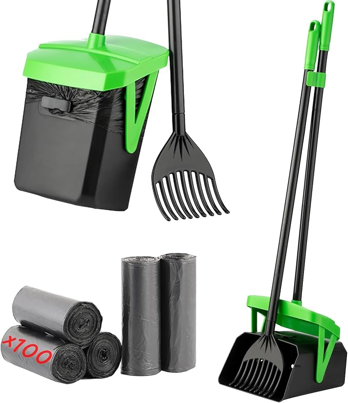 Pooper Scooper Swivel Bin &amp; Rake with 100 Waste Bags, Dog Pooper Scooper with Bag Attachment for Large Medium Small Dogs, Poop Scooper with Lid for Lawn Yard Dog Kennel