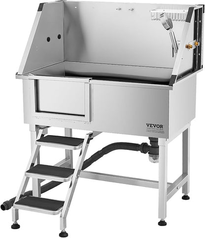 VEVOR Stainless Steel Dog Washing Station, 38 inch Pet Grooming Tub w/Storage Stairs, Faucet &amp; Showerhead &amp; Soap Holder Dog Bathtub for Medium &amp; Small Pets (Left Door)