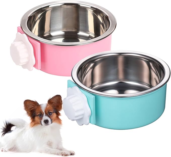 kathson Crate Dog Bowl, Removable Stainless Steel Hanging Pet Cage Bowl Food &amp; Water Feeder Coop Cup for Cat, Puppy, Birds, Rats, Guinea Pigs 2pcs(Blue,Pink)