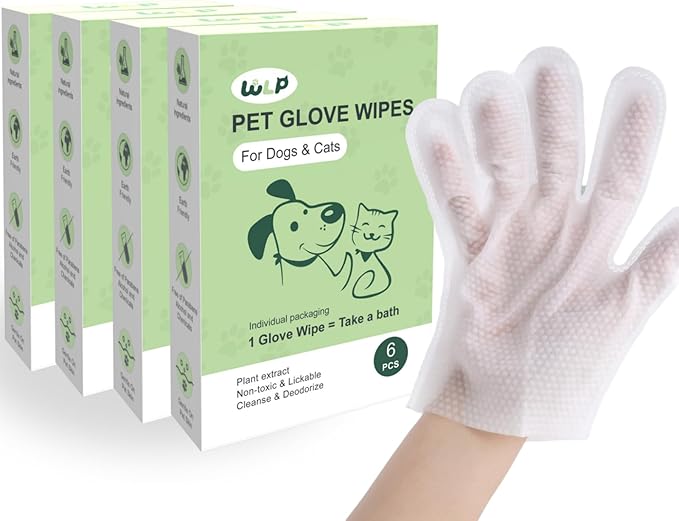 WLP Pet Glove Wipes for Dogs &amp; Cats, Cleaning Deodorizing Hypoallergenic Hydrating Grooming Wipes, Individually Wrapped, Enriched with Aloe &amp; Jojoba Oil for Daily Care, Traveling (24 PCS)