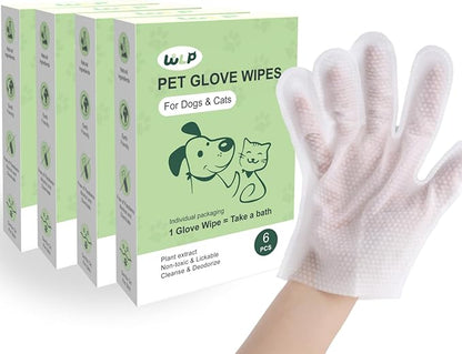 WLP Pet Glove Wipes for Dogs &amp; Cats, Cleaning Deodorizing Hypoallergenic Hydrating Grooming Wipes, Individually Wrapped, Enriched with Aloe &amp; Jojoba Oil for Daily Care, Traveling (24 PCS)