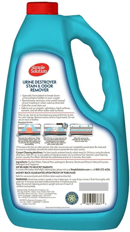 Simple Solution Urine Destroyer for Pets, Strong Odor, Enzyme Pet Odor Eliminator for Home, Floor Cleaner, Stain Remover for Cats &amp; Dog Pee, Cat Urine Destroyer, Carpet Cleaner Spray, 1 Gallon