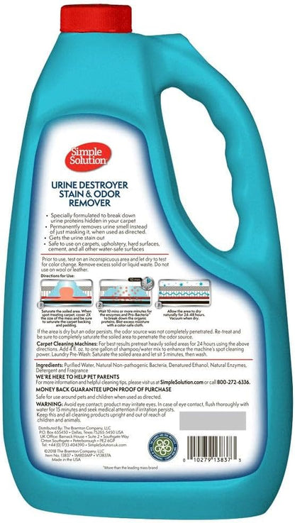 Simple Solution Urine Destroyer for Pets, Strong Odor, Enzyme Pet Odor Eliminator for Home, Floor Cleaner, Stain Remover for Cats &amp; Dog Pee, Cat Urine Destroyer, Carpet Cleaner Spray, 1 Gallon