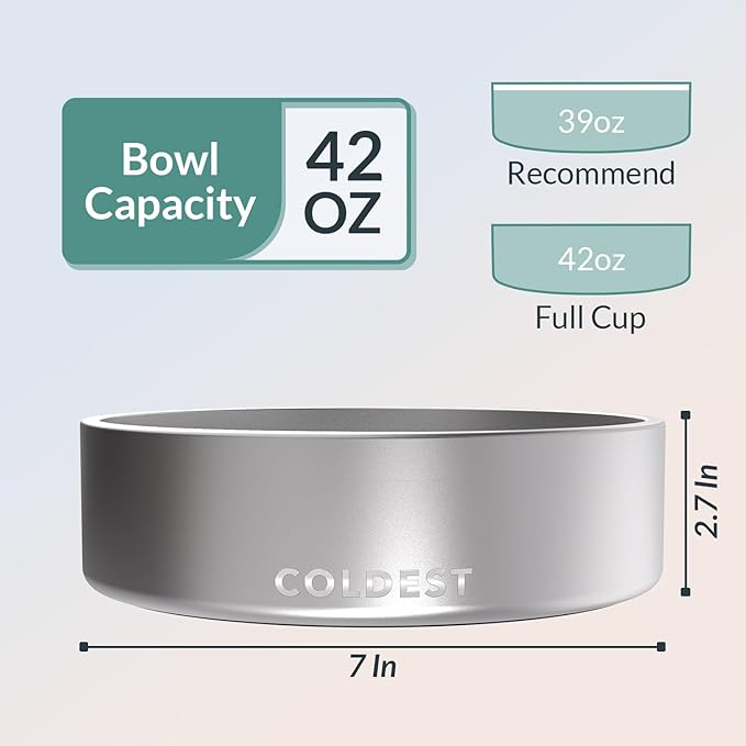 Coldest Dog Bowl - Anti Rust Metal, Non Slip, 3 Layers Insulated Stainless Steel Dog Bowls - Spill Proof &amp; Heavy Duty - Water Bowl for Dogs, Cats, Dish Washer Safe (42 oz, Polished Stainless Steel)