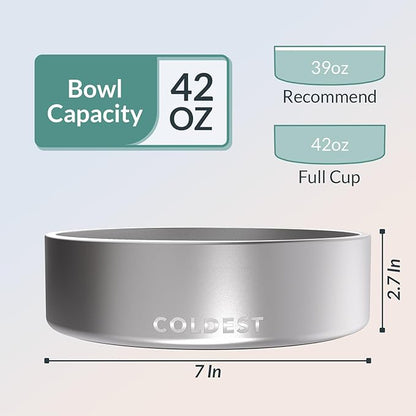 Coldest Dog Bowl - Anti Rust Metal, Non Slip, 3 Layers Insulated Stainless Steel Dog Bowls - Spill Proof &amp; Heavy Duty - Water Bowl for Dogs, Cats, Dish Washer Safe (42 oz, Polished Stainless Steel)