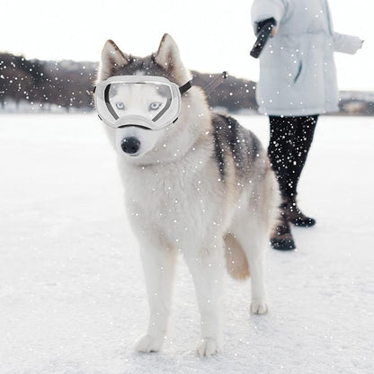 NAMSAN Clear Dog Goggles for Large Dogs, Wide Eyecup &amp; Soft Frame, Anti-UV Sunglasses for Dogs Medium to Large Breed, Driving Dog Eye Protection, Windproof Dustproof, Adjustable, White Frame