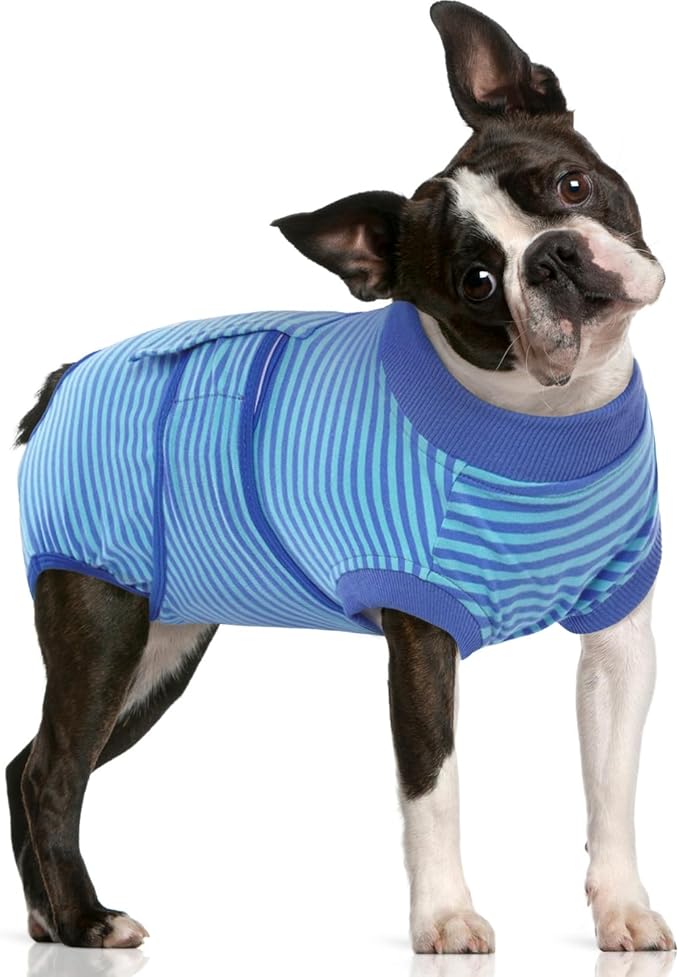 FUAMEY Recovery Suit for Dogs After Surgery,Soft Breathable Dog Bodysuit E-Collar &amp; Cone Alternative Surgical Suit,Male Female Dog Neuter Spay Suits Anti Licking Wounds Onesie Navy Blue Strips M
