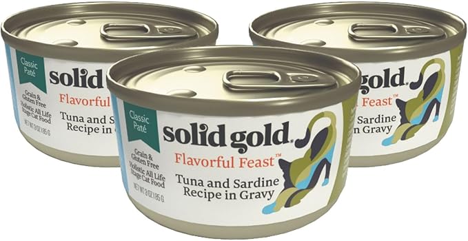 Solid Gold Wet Cat Food Pate - Healthy Canned Cat Food Pate w/Real Tuna &amp; Sardine, Omega Fatty Acids, Vitamins &amp; Minerals - Grain Free &amp; Gluten Free Can Meals for Cats &amp; Kittens - 24ct/3oz Can