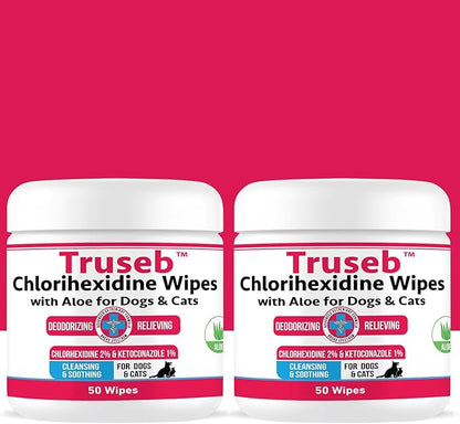 Truseb Topical for Dogs, Cats and Horses - with Aloe for Cleansing (Ketoconazole &amp; Chlorhexidine Wipes, 100 Count)
